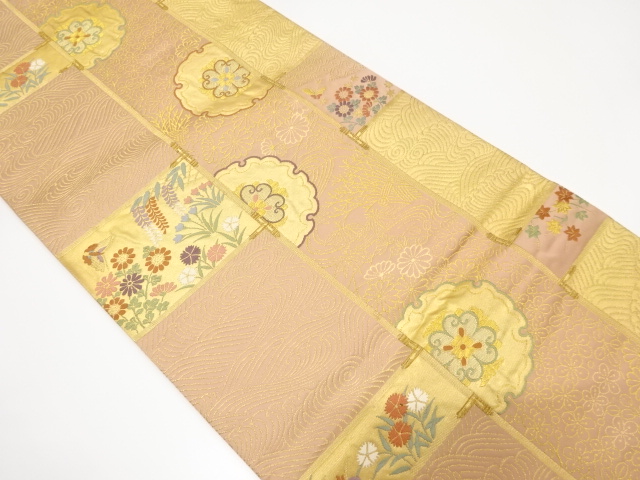 縞に雪輪・蝶・草花模様織り出し袋帯